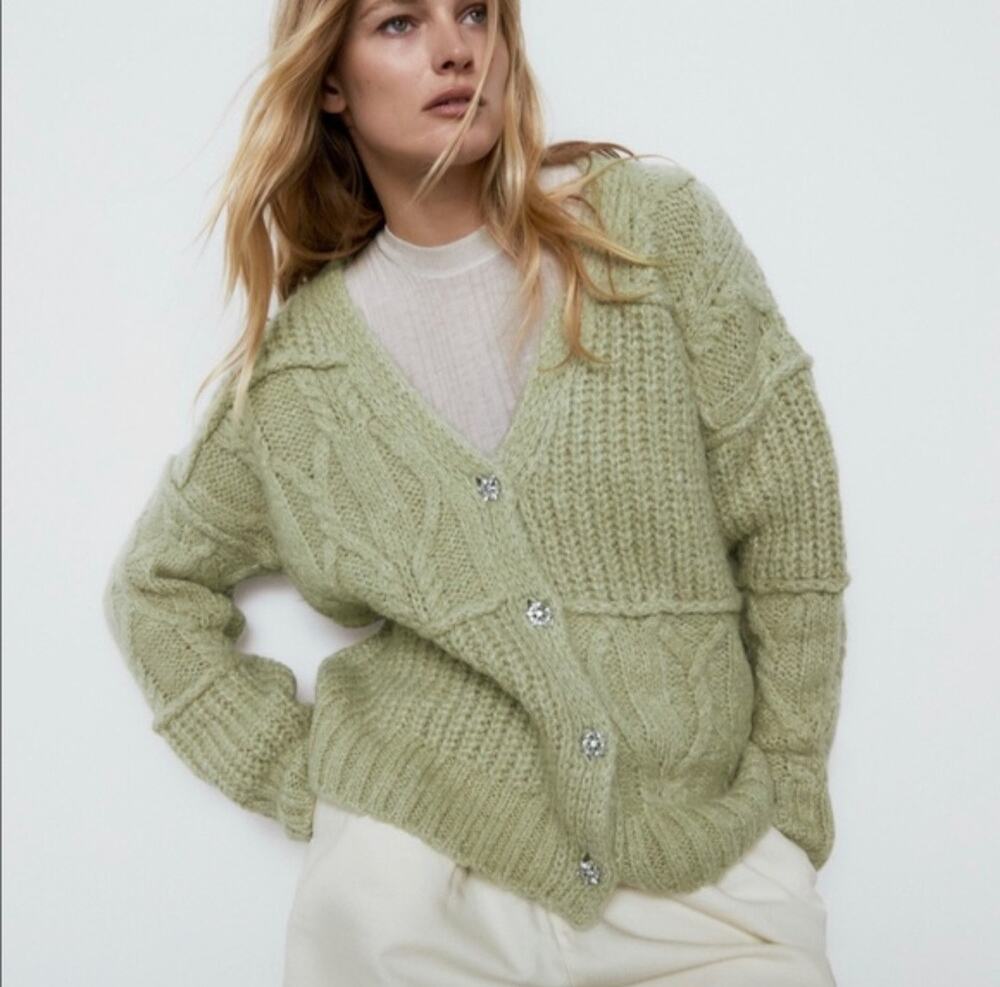 Zara Jeweled Button Chunky Knit Cardigan Blogger Favorite Sage Medium